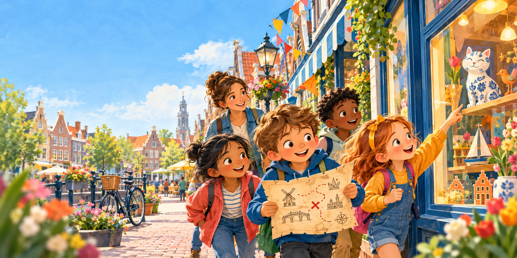 Kinderen die enthousiast naar aanwijzingen in etalages zoeken